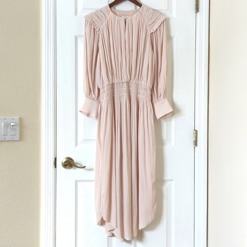 Joie Rheia Silky Pleated Long Balloon Sleeve Blouson A-Line Midi Dress Cream S